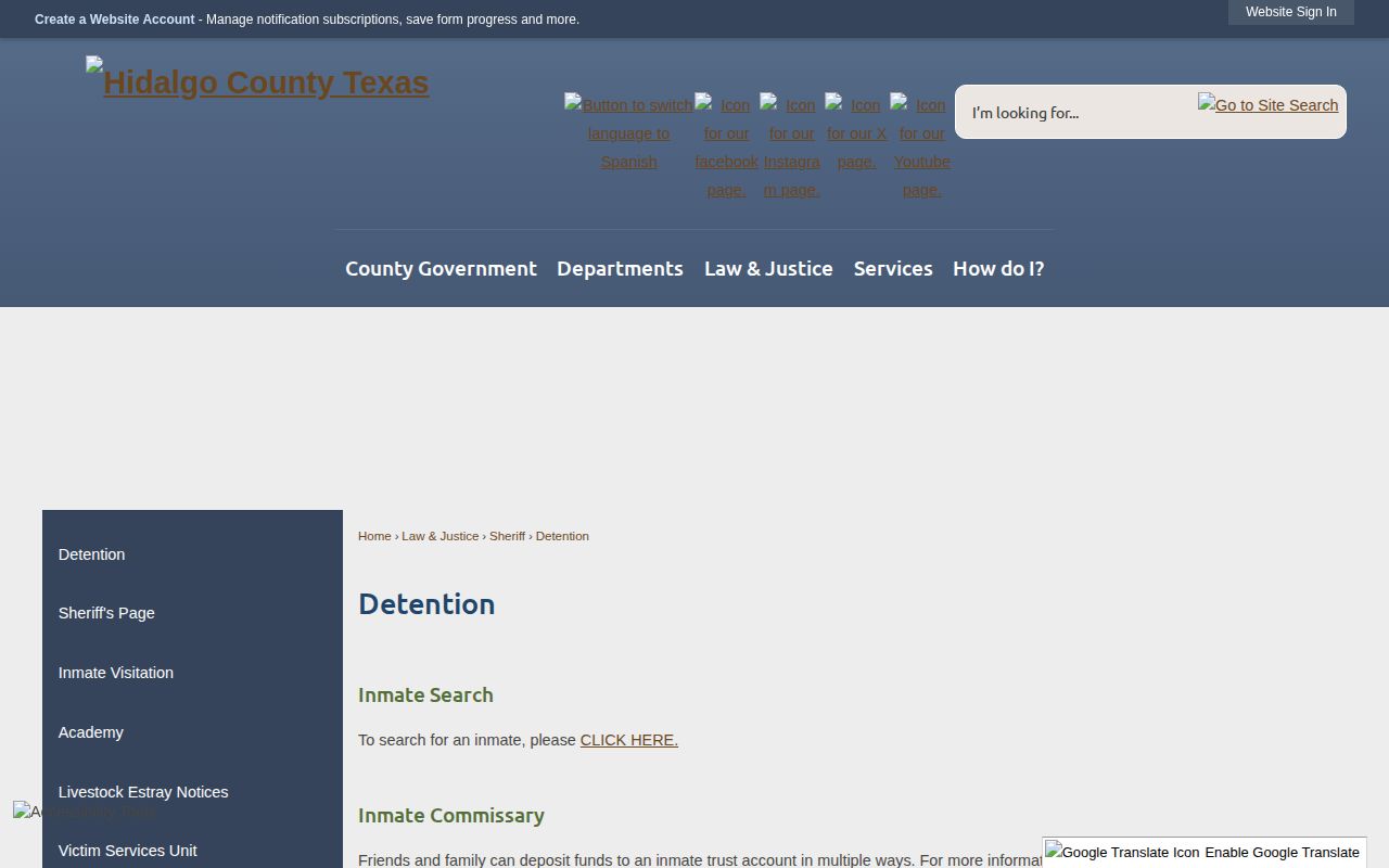 Hidalgo County Detention page with its generic inmate search link