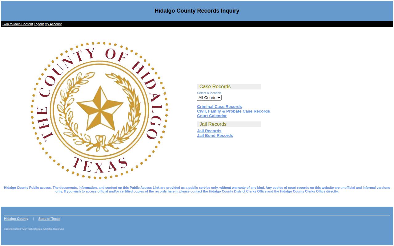 Official Hidalgo County Case and Jail Records Search landing screen