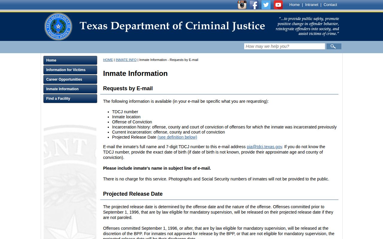 TDCJ projected release definition and inmate information fields
