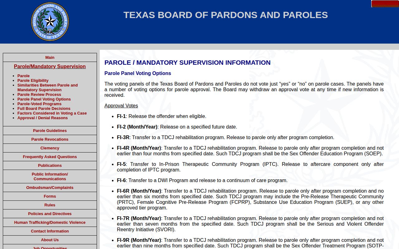 Texas BPP parole approval and denial code legend
