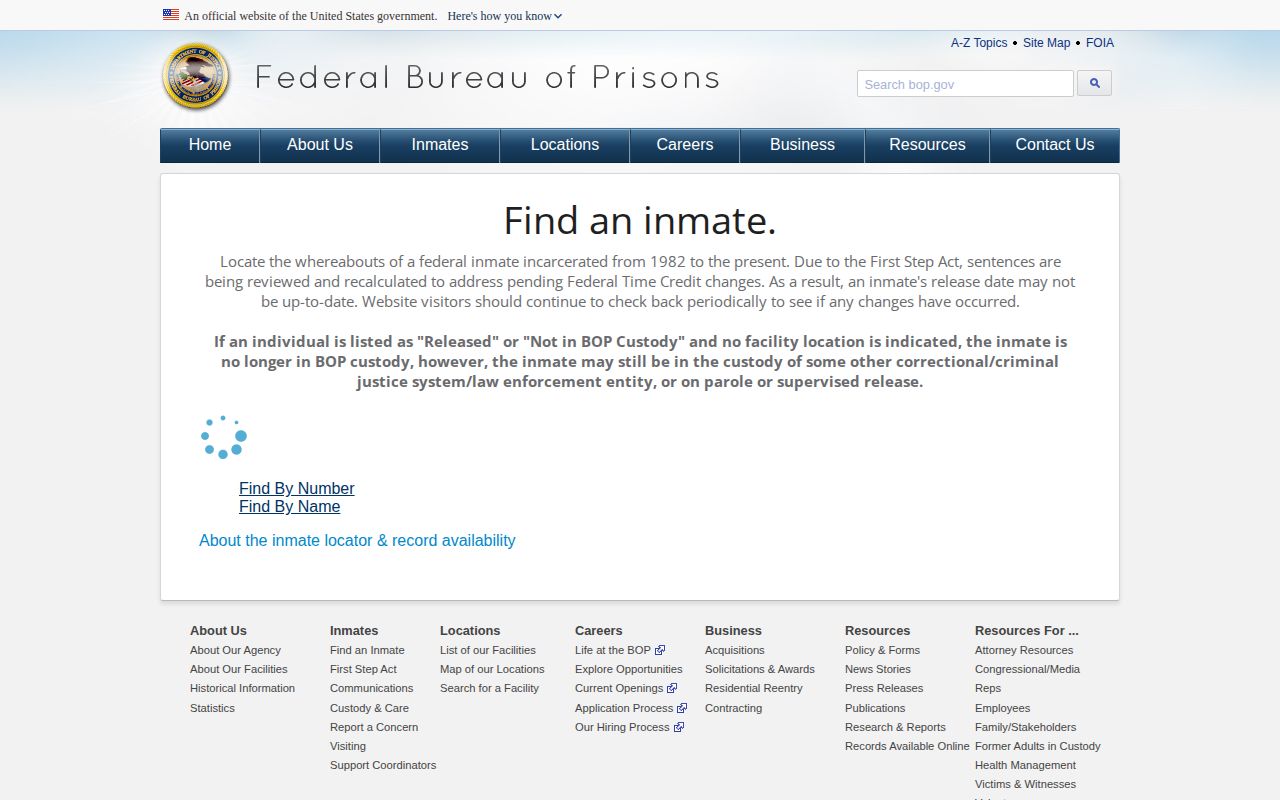 Federal BOP locator result fields including release date and status