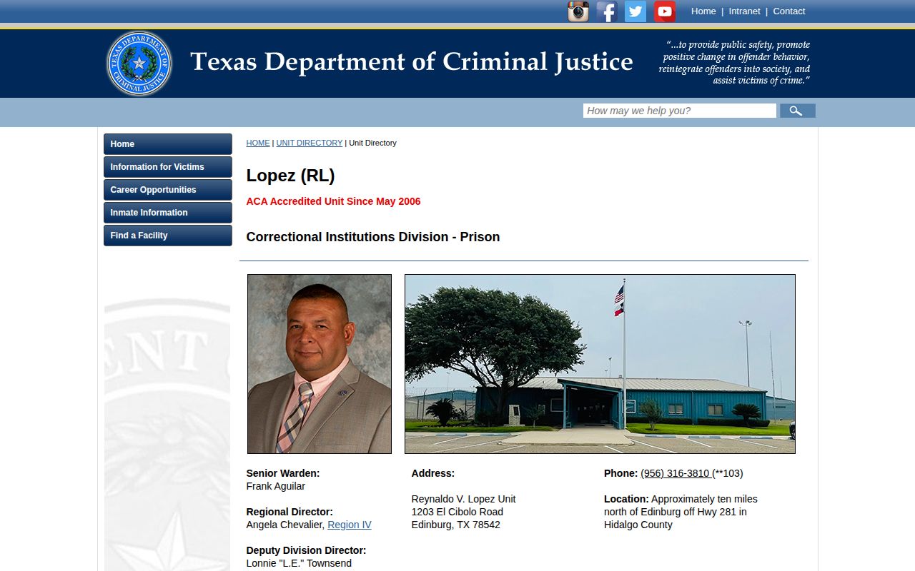 TDCJ Reynaldo V. Lopez Unit directory page