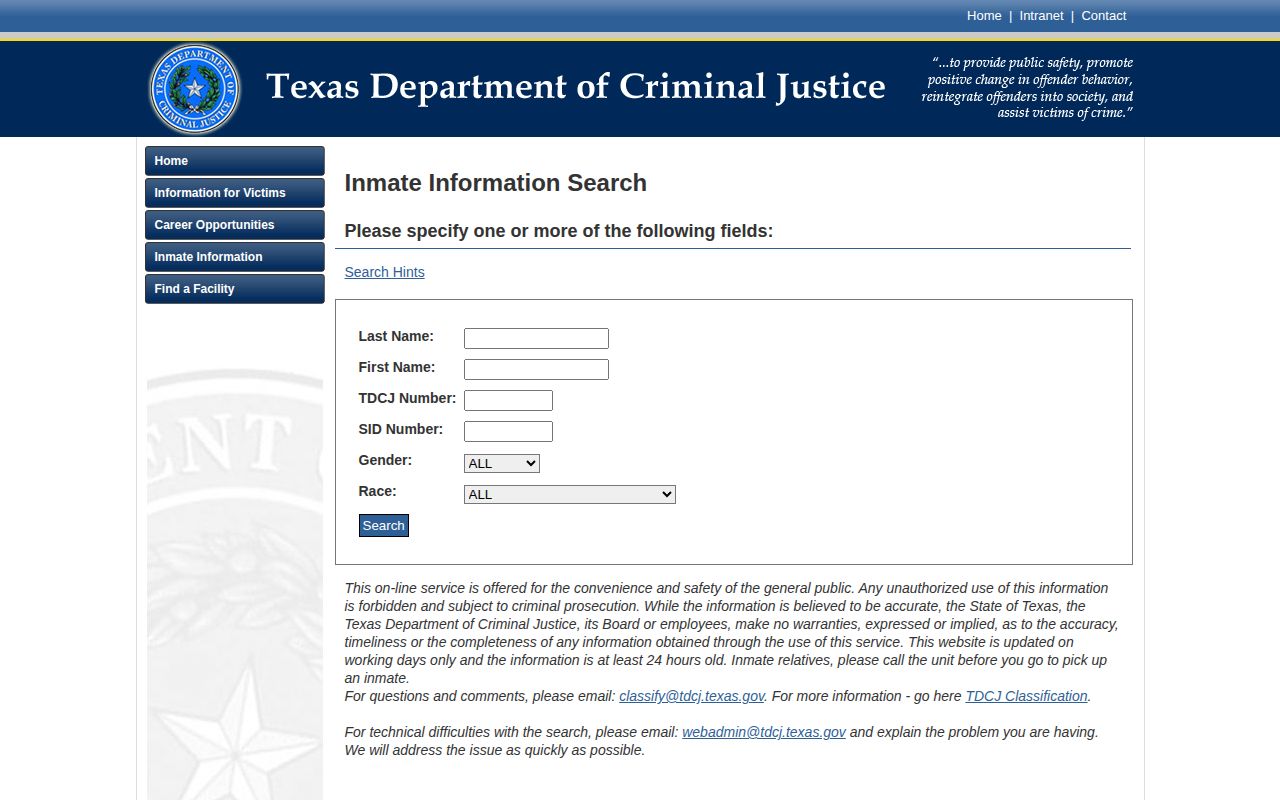 TDCJ current inmate search fields and current-custody limitation