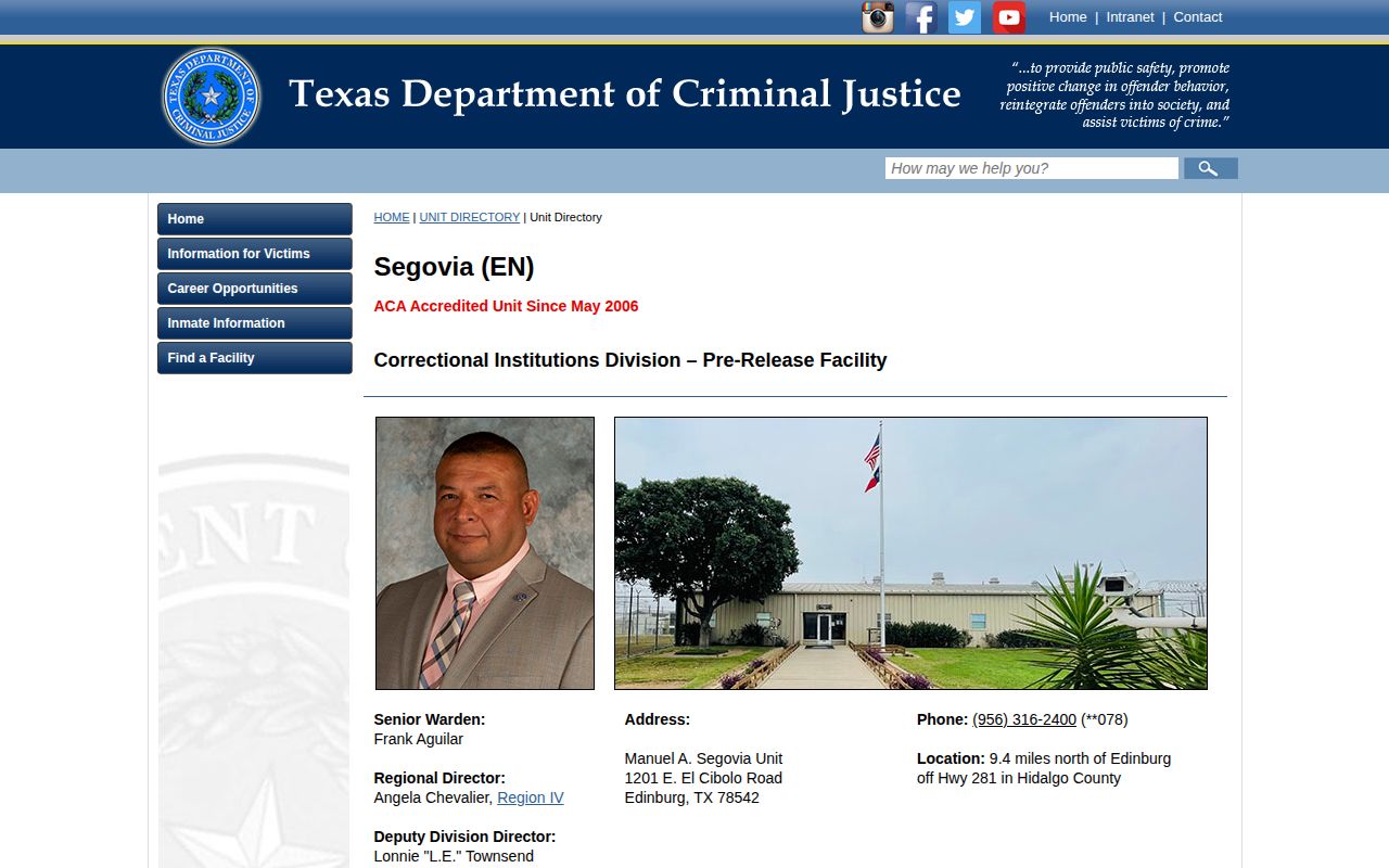 TDCJ Manuel A. Segovia Unit pre-release directory