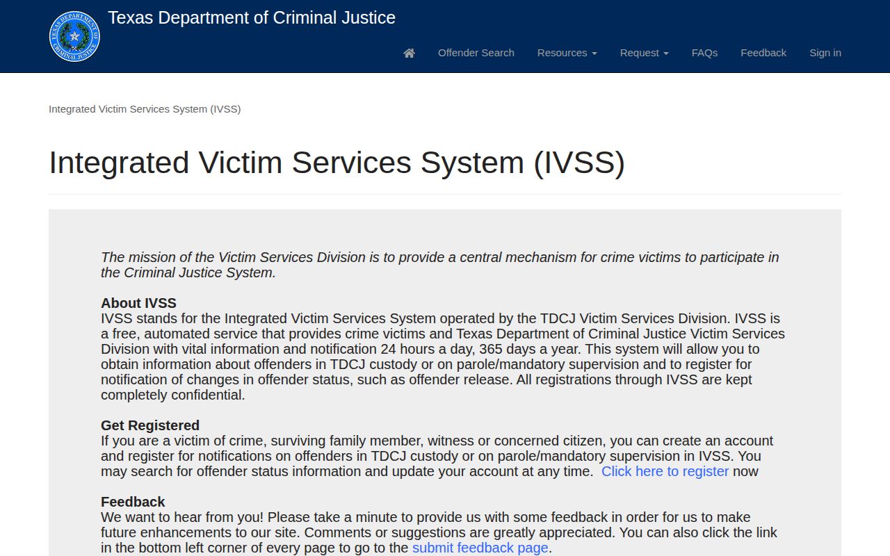 TDCJ IVSS offender status and notification registration landing page