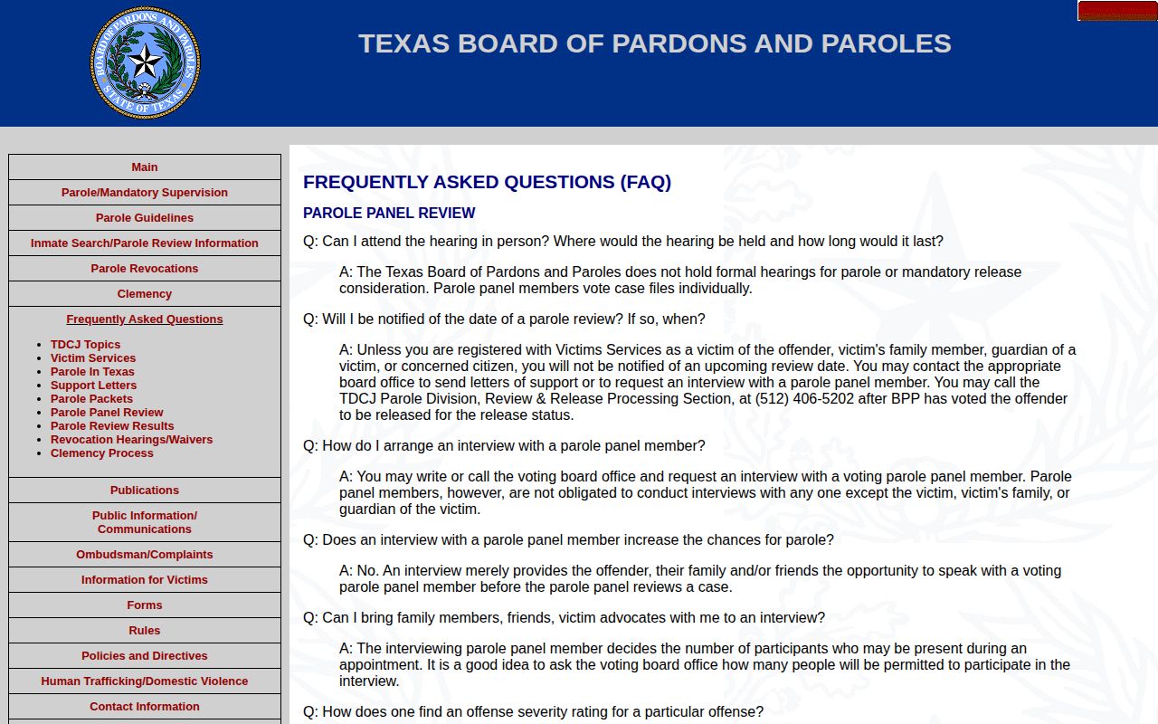 Texas BPP explanation that ordinary parole review has no formal hearing